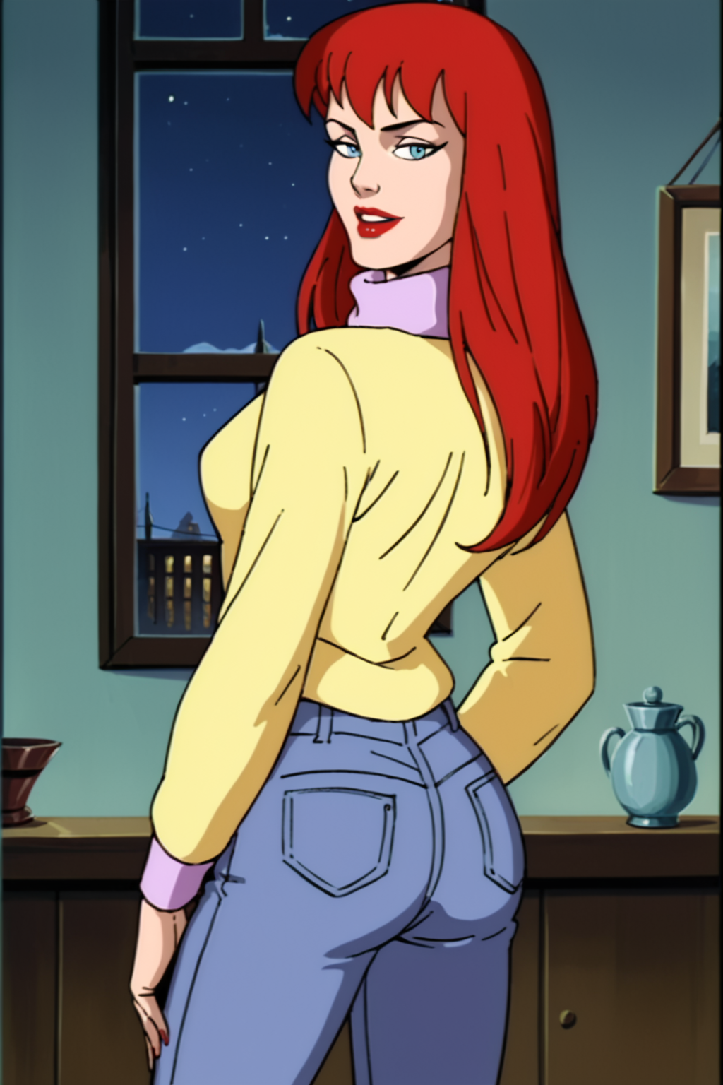 PonyXLV6_Scores, ((retro artstyle, parody), perfect anatomy, perfect eyes, cowboy shot, from behind) <lora:add_details_xl:1> BREAK <lora:MJ90s:0.8> mary jane watson, long hair, red hair, lipstick, red lips, blue eyes, sultry eyes, naughty face, parted lips ((looking back at viewer)), turtleneck, sweater, long sleeves, denim, pants, arched back, sexually suggestive pose, hand on hip, night, indoors
