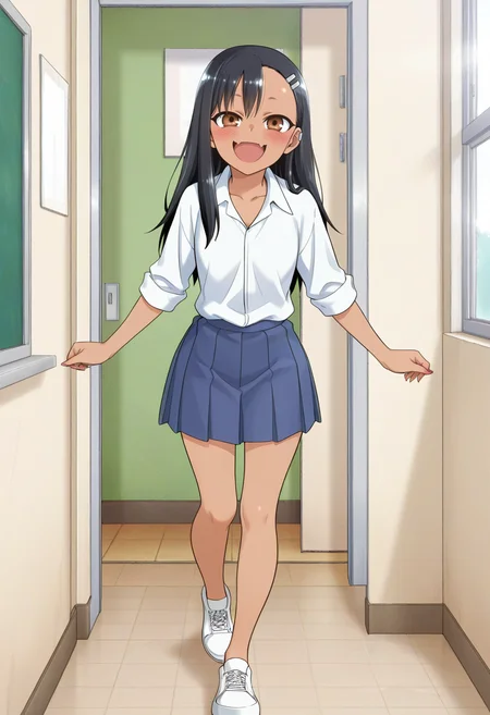 newest, masterpiece, best quality, 4k,
indoors, very aesthetic, detailed background, full body,
1girl, solo, <lora:Hayase Nagatoro:1> nagator0, nagatoro hayase, black hair, long hair, hair ornament, hairclip, dark-skinned female, brown eyes, blush, white collared shirt, rolled sleeves, pleated skirt, blue skirt, white footwear, looking at viewer, smile, open mouth, skin fang,