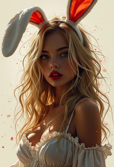 Silhouette Art, magnificent, photorealistic inksplash, crisp lines, bunny girl, blonde loose hair, red lips, bunny costume, fake bunny ears on headband, sultry, alluring, facing viewer, cowboy shot, directional lighting