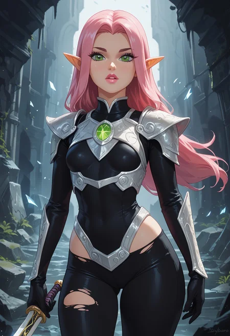score_9, score_8_up, score_7_up, realistic,zPDXL3, Pov from the side, dynamic pose, beautiful, pink hair, female elf, glowing green eyes, long hair, small breasts, pink lipstick, parted lips, shattered dark black armor with silver glowing details, damaged armor, ripped clothes, no panties, enchanted runesword, the sword is black with silver glowing details, dungeon background,
BREAK
 (8k uhd:1,4)
<lora:add-detail-xl:1>
<lora:Dynamic Poses:1>
<lora:DandonFuga_Style_v.2_-_Pony:0.8>