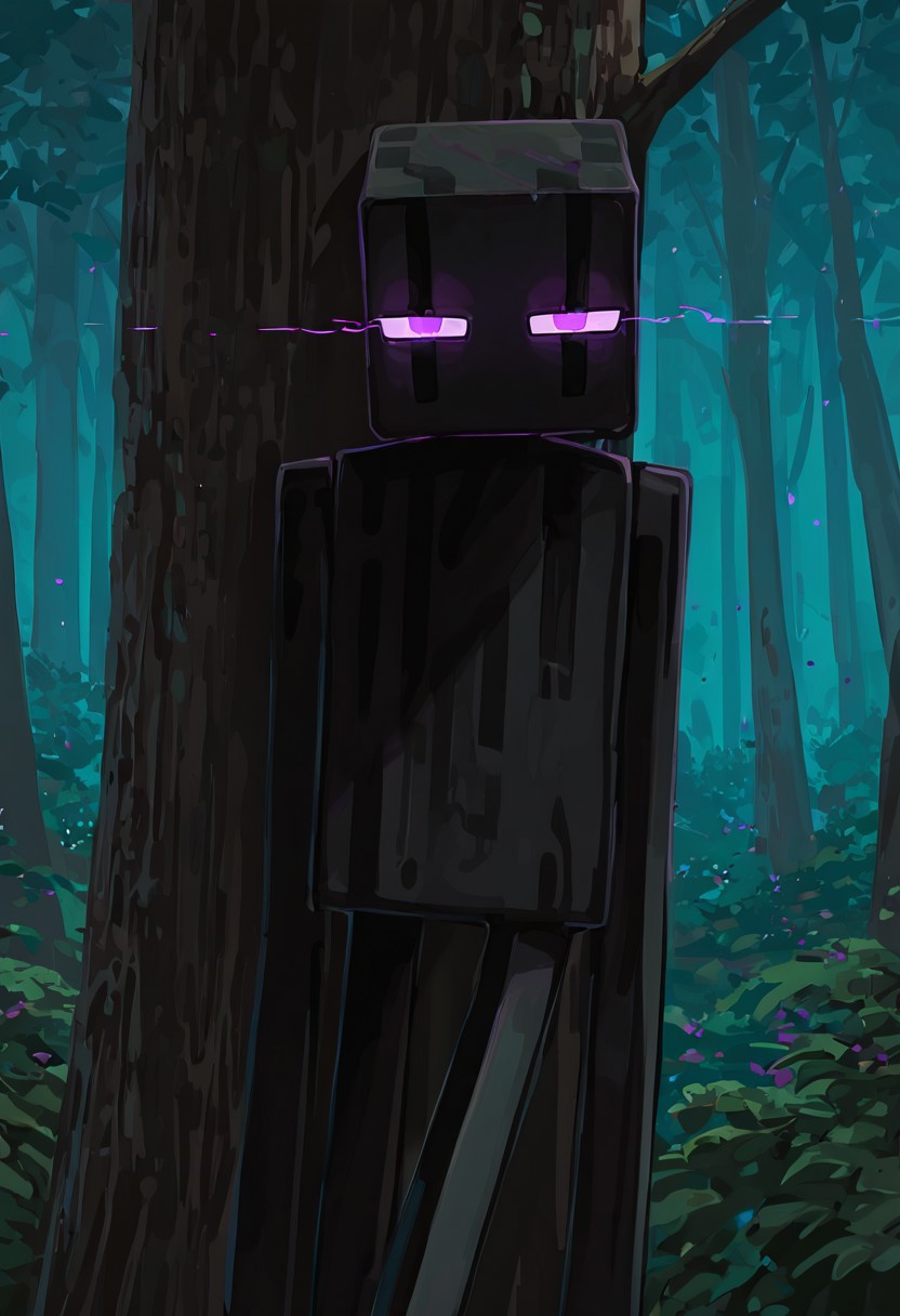 masterpiece, best quality, amazing quality, very aesthetic, absurdres, newest, , detailed background, 
klskx
enderman, no humans, purple eyes, rectangle eyes, , solo, male focus, black skin, no mouth, square head, square body, black head , pokemon (creature), 
night forest, looking at viewer, leaning on tree, green forest, dark forest, horror, glowing eyes,