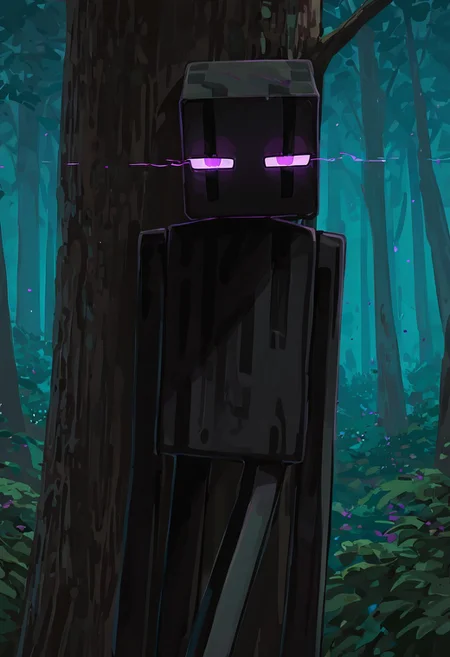 masterpiece, best quality, amazing quality, very aesthetic, absurdres, newest, , detailed background,
klskx
enderman, no humans, purple eyes, rectangle eyes, , solo, male focus, black skin, no mouth, square head, square body, black head , pokemon (creature),
night forest, looking at viewer, leaning on tree, green forest, dark forest, horror, glowing eyes,