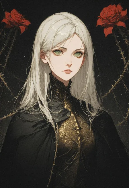 score_9, score_8_up, score_7_up, 
female, long white hair, beautiful face, green eyes,
(dark knight), bulky, heavy, medieval, dark theme, armor, golden sword, golden trim, black cape, 
close up, (full body), (red roses background: 0.7), thorns,
easynegative, xenotr1p,