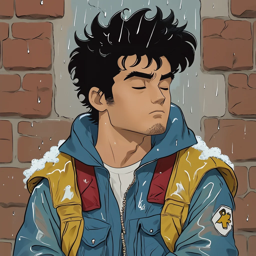 Score_9, score_8_up, score_7_up, score_6_up, BREAK <lora:Retro_Anime_Flat_ColorsPony:1> ArsMJStyle, Retro Anime Flat Colors, The image is an illustration of a young man standing in front of a brick wall. He is wearing a blue jacket with a yellow hood and a red backpack. His hair is styled in a messy spiky manner and he is looking up towards the sky with a peaceful expression on his face. The raindrops are falling around him creating a sense of calm and serenity. The overall mood of the image is one of calmness and tranquility., 1boy, male focus, solo, rain, black hair, jacket, hood, shirt, facial hair, closed eyes