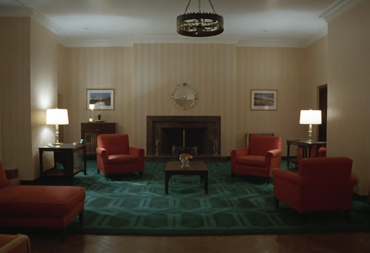 room 237, living room, indoors, Overlook Hotel, CineShining, highly detailed, 4K, (stylish grainy analog 35mm film photo)