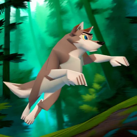score_9, score_8_up, score_7_up, score_6_up, solo, aleu, wolf, two tone fur, blue eyes, yellow sclera, forest, n64zeldastyle, 3d, polygonal, forest, jumping, running, dynamic pose