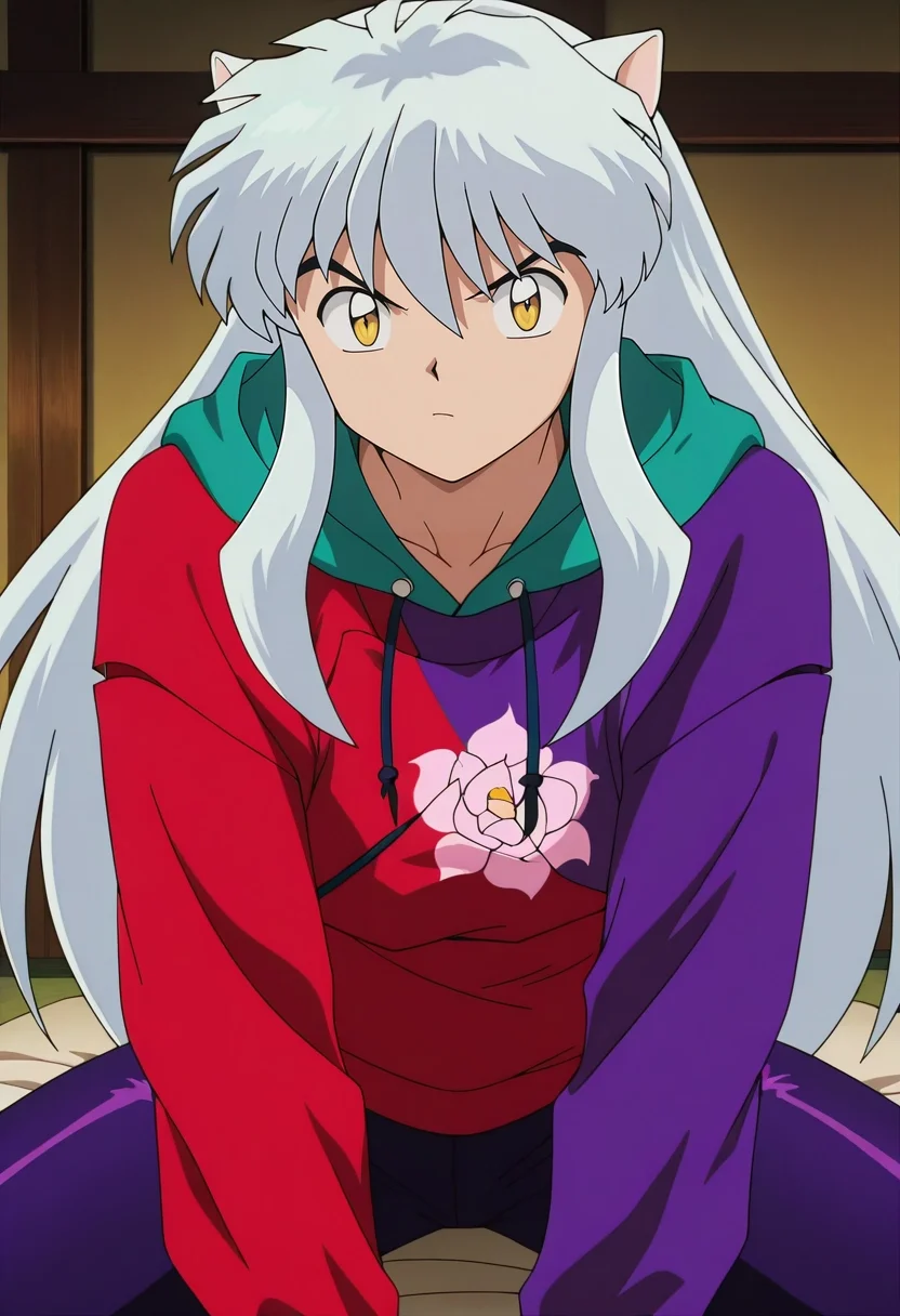 masterpiece, best quality, intricate details, anime screencap, , , looking at viewer, , 1boy, solo, male focus, <lora:inuyasha_ilxl:0.96>, inuyasha, white hair, yellow eyes, animal ears, dog ears, long hair, , , , fingernails, sharp fingernails, , Satin Floral RoyalPurple Jeans, Harlequin Hoodie, , ,