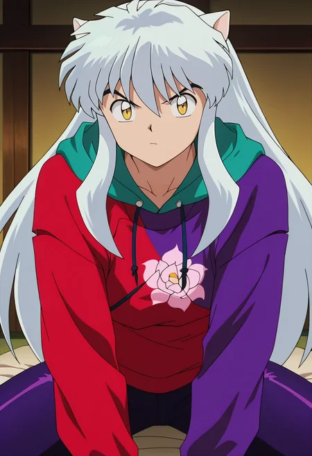 masterpiece, best quality, intricate details, anime screencap, , , looking at viewer, , 1boy, solo, male focus, <lora:inuyasha_ilxl:0.96>, inuyasha, white hair, yellow eyes, animal ears, dog ears, long hair, , , , fingernails, sharp fingernails, , Satin Floral RoyalPurple Jeans, Harlequin Hoodie, , ,