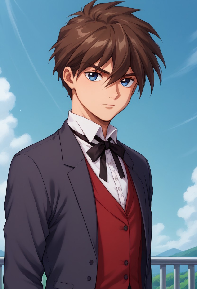 score_9, score_8_up, score_7_up, source_anime, highly detailed, 
heeroyui, 1boy, male focus, solo, brown hair, formal, suit, upper body, looking at viewer,
vest, hair between eyes, shirt, ribbon white shirt, closed mouth, jacket, school uniform, blue eyes, red vest, upper body, black ribbon, neck ribbon,
outdoor, sky,