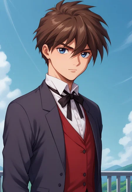 score_9, score_8_up, score_7_up, source_anime, highly detailed,
heeroyui, 1boy, male focus, solo, brown hair, formal, suit, upper body, looking at viewer,
vest, hair between eyes, shirt, ribbon white shirt, closed mouth, jacket, school uniform, blue eyes, red vest, upper body, black ribbon, neck ribbon,
outdoor, sky,