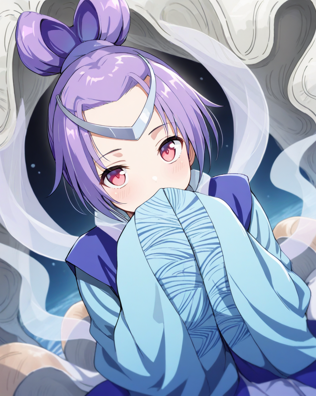 1girl,
AshikiriSyakoOreshika,
safe, solo, perspective, dutch angle, upper body,
short girl, circlet, japanese clothes,
looking at viewer,
hands in opposite sleeves, covering mouth,
hagoromo, sitting, shell, clam shell, 
depth of field,
<lora:kp_AshikiriSyakoOreshikaAnimagineXL_v1_0:1.0>
masterpiece, high score, great score, absurdres