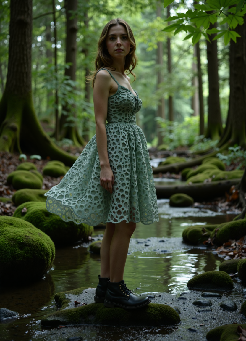 cinematic film still a young woman with a dress made of cells, holes, trypophobia-like features standing on the shoe of a mossy creek in a thick Oregon rainforest . shallow depth of field, vignette, highly detailed, high budget, bokeh, cinemascope, moody, epic, gorgeous, film grain, grainy