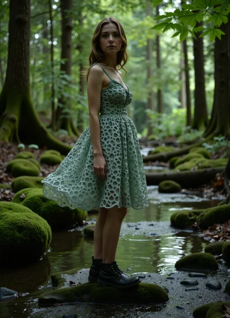 cinematic film still a young woman with a dress made of cells, holes, trypophobia-like features standing on the shoe of a mossy creek in a thick Oregon rainforest . shallow depth of field, vignette, highly detailed, high budget, bokeh, cinemascope, moody, epic, gorgeous, film grain, grainy