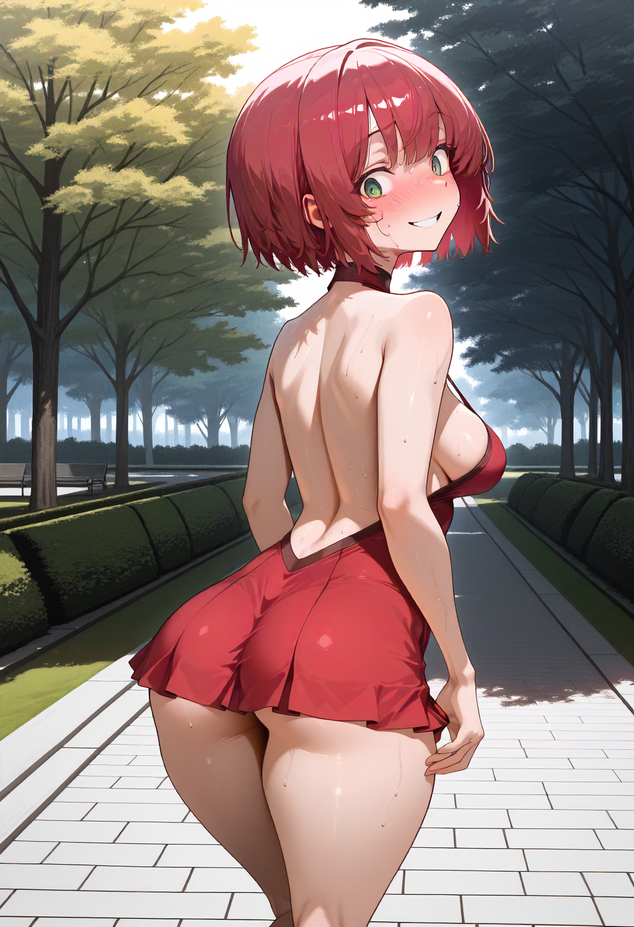 masterpiece, best quality, amazing quality, very aesthetic, absurdres, newest, scenery, volumetric lighting, perfect eyes, ultra detailed,
1girl, solo, red hair, green eyes, short hair, medium breasts, sagging breasts, fit body,
red dress, micro skirt,
walking, looking back, rear view, from behind, blushing, blush, shy smile, nervous grin, sweating,
outdoors, park, trees, walkway, detailed background,
<lora:Zutta_Style__Illustrious:1.2>
masterpiece, best quality, amazing quality, very aesthetic, absurdres, newest, scenery, volumetric lighting, perfect eyes, ultra detailed,