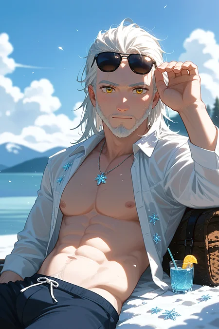 g3r4lt, score_9, score_8_up, score_7_up, 1boy, solo, open shirt, sunglasses, summer , on side, icy, frozen lake, <lora:g3r4lt:1.0>