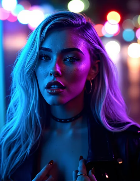 A highly realistic depiction of a woman Mad1B2024 with ice-blue hair and sharp features, lit by neon lights in shades of blue and pink. The light plays across her pale skin, casting colorful highlights on her cheekbones and neck. Her eyes are wide, reflecting the neon glow, and her lips are a dark, glossy red. The background is a blurred mix of city lights and shadows, giving the image a modern, urban feel with a retro noir aesthetic.
She is wearing leather jacket with a choker on her neck with complex ear piercing.She has tattoo on her shoulder.
soft, glossy texture to the lips, with realistic reflections and subtle texturing to emphasize the natural folds and curves. fine, detailed strokes to enhance the eyelashes, adding natural variations in length and curvature for a more lifelike appearance.
She is standing on One leg bent slightly, hand resting on her knee, looking straight ahead.