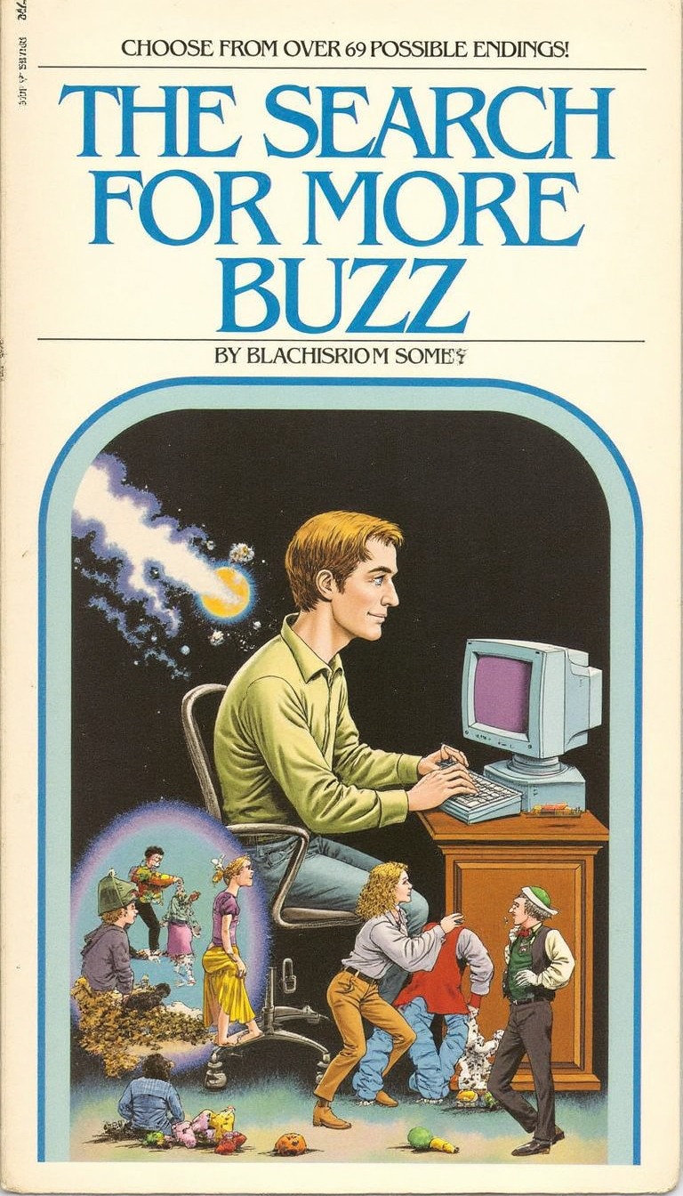 cy04, a book titled "The Search For More Buzz", an illustration of a man working at a computer in a dark room Text at the top "Choose from over 59 possible endings!"