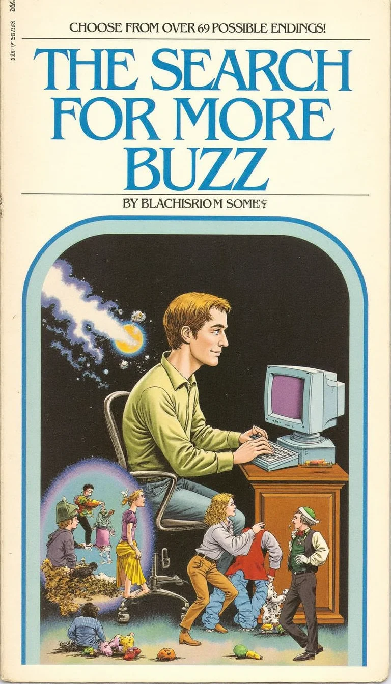 cy04, a book titled "The Search For More Buzz", an illustration of a man working at a computer in a dark room Text at the top "Choose from over 59 possible endings!"