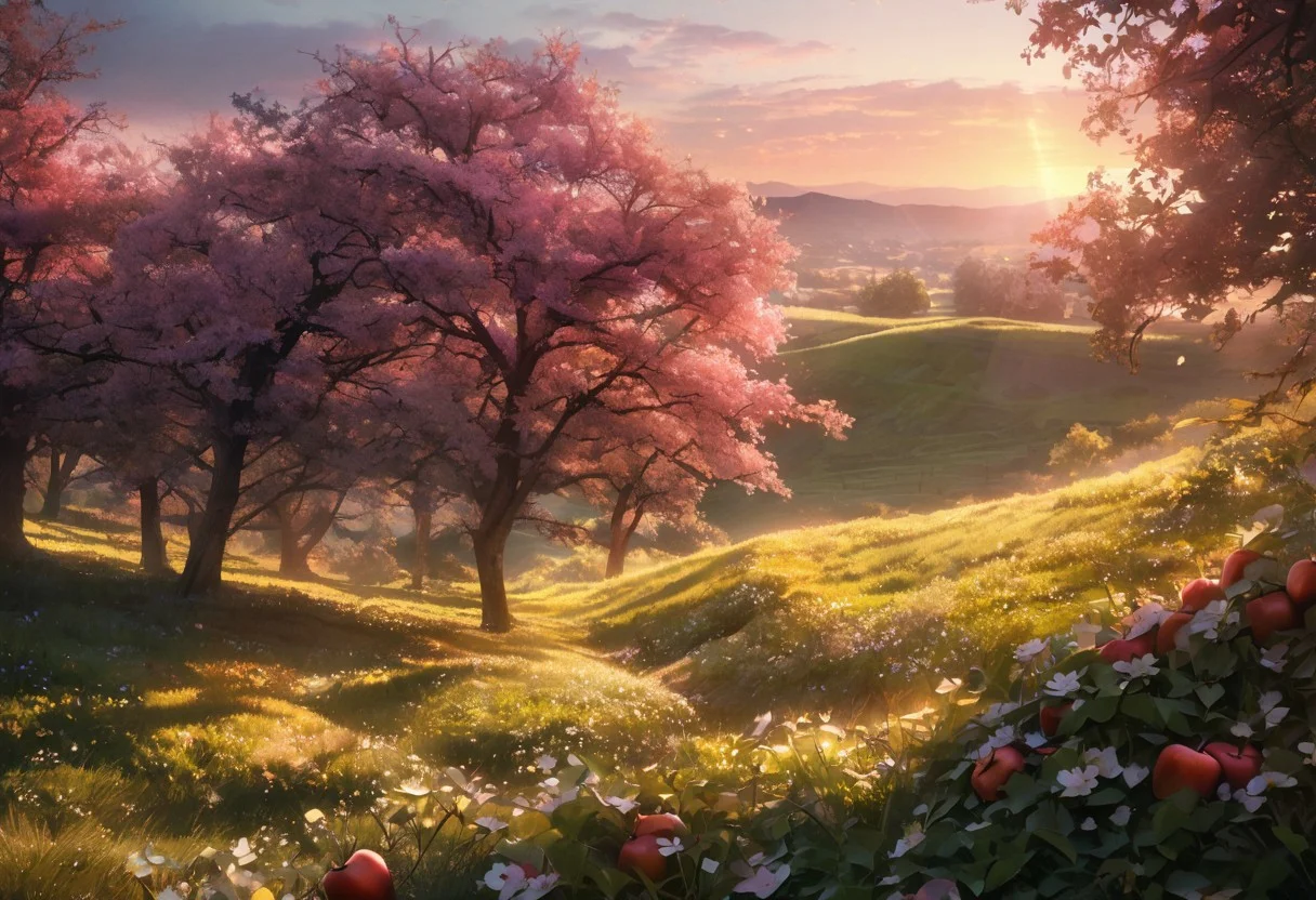 (best quality, 8k, high res, masterpiece:1.2), photorealistic, ultra-detailed, vibrant photography of a picturesque apple orchard at sunset. The trees are heavy with ripe, glistening apples in shades of red, green, and gold, their leaves a vibrant, healthy green. Sunlight filters through the branches, casting a warm, golden glow over the entire scene. Delicate apple blossoms still cling to some branches, adding a touch of soft pink and white to the landscape. The ground is covered with a lush carpet of grass and wildflowers, with fallen apples scattered about. A rustic wooden fence borders the orchard, and in the background, rolling hills and distant mountains are bathed in the warm, fading light of the setting sun. A gentle breeze rustles the leaves and carries the sweet scent of apples through the air. This idyllic scene captures the serene beauty and abundance of nature in exquisite detail. (dynamic angle, cinematic lighting, ethereal atmosphere:1.1), (extremely detailed:1.2), (vivid colors:1.3), (perfect composition:1.2), (sharp focus, stunning realism:1.2)