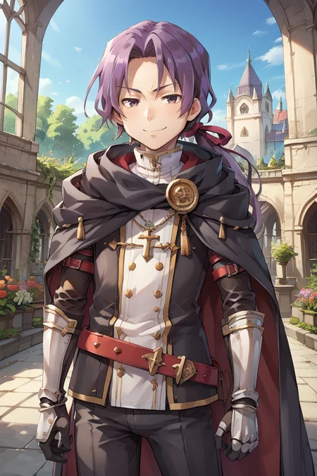 score_9, score_8_up, score_7_up, score_6_up, source_anime, BREAK, <lora:Russell:0.8> , rusdef, 1boy, purple hair, long hair, ponytail, low ponytail, hair ribbon, black cloak, cape, belt, black pants, gloves, gauntlets, sheathed, (looking at viewer), dominant expression, smug smirk, (close-up, face), exterior, church, cathedral, garden, courtyard,<lora:backgroundsetXL:0.6> , background,   <lora:KitN2000perEpoch32Dim:0.6> , kitn,