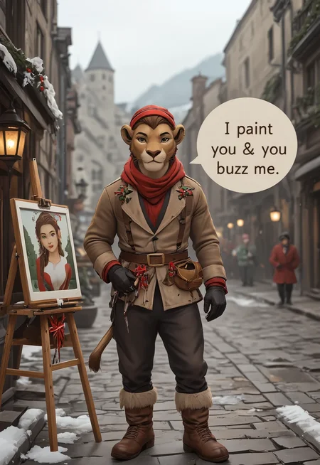 Photograph of handsome antropomorphic lion boy (((Kion))), dressed in Christmas decorated and extravagant warm winter clothes and a beret on his head, stands on a cobblestone street in old town by a painting stand like a wandering painter, offering to paint people's portraits for a fee. In one hand he holds a donation tray and in the other a brushes with dripping paint. A text bubble reads "I paint you and you buzz me."