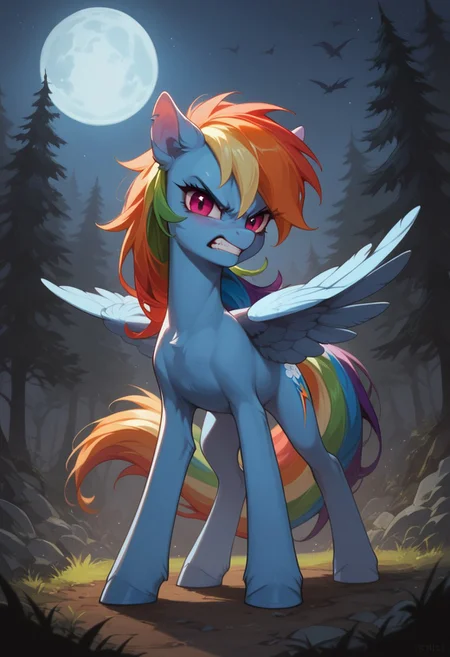 score_9, score_8_up, score_7_up, score_6_up, score_5_up, score_4_up, detaied background, (dark scary forest:1,4), night, moon, night time, dark ambient, break.
Mlp rainbow dash, thin, petite, slim, wings, female equine, feral pegasus, standing, angry face, clenched teeth, break, looking at viewer