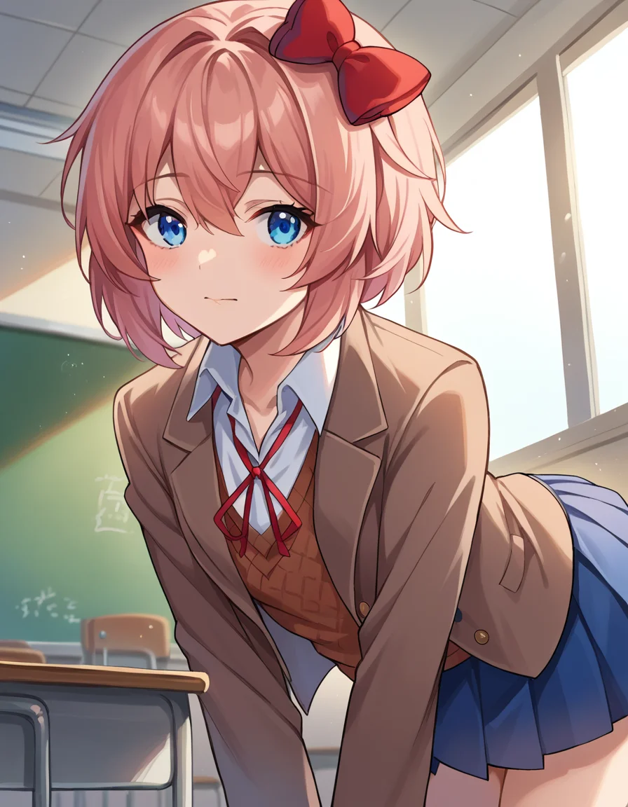score_9, score_8_up, score_7_up, source_anime,
ddlcsayori, <lora:ddlc-sayori-ponyxl-lora-nochekaiser:1>
ddlcsayori, blue eyes, hair between eyes, hair bow, hair ornament, pink hair, red bow, short hair,
blue skirt, pleated skirt, school uniform, skirt, brown jacket, jacket,
indoors, classroom, bent over,
looking at viewer, dutch angle, cowboy shot,