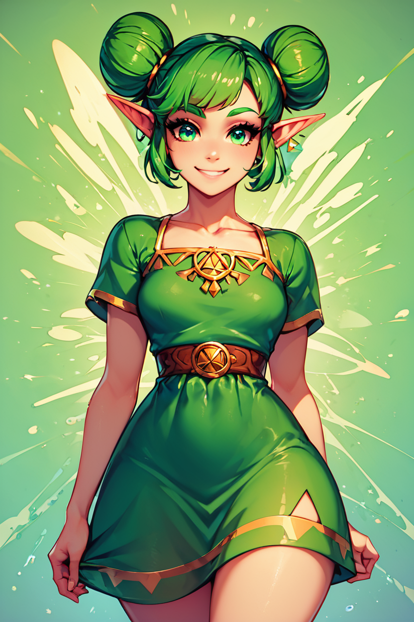 score_9, score_8_up, score_8, medium breasts, (curvy), cute, eyelashes,       BREAK, , zzFarore, green eyes, green hair, double bun, pointy ears,  bangs, green dress, collarbone, short sleeves  <lora:Farore_Zelda_PDXL:0.5>, , BREAK, smile, looking at viewer,  abstract background, white outline, cowboy shot, embedding:zPDXL, Expressiveh, <lora:CatalystStylePDXL:0.6>,  <lora:SDXLFaeTastic2400:0.5>,  <lora:Expressive_H-000001:0.4>,