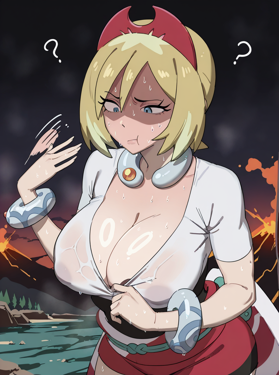 <lora:Honeybread_-_WAI:0.8>,  Masterpiece, Irida (Pokemon Legends), 1girl, solo, pulling shirt collar, (deep cleavage:1.2), large breasts, tight uniform, exhausted face, raised eyebrow, ?, fanning face with hand, profusely sweating, sweat droplets, slightly erect nipples under clothes, rocky mountain path, dark orange/black skies, volcano in the background