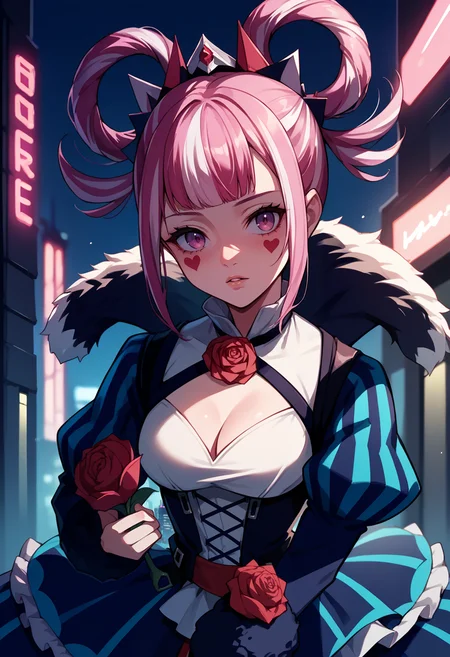 score_9, score_8_up, score_7_up, source_anime, 1girl, upper body, looking at viewer, parted lips, holding red rose, BREAK <lora:HortensiaFE-pdxl:1> defHort, multicolored hair, hair rings, tiara, blunt bangs, sidelocks, heart facial mark, vertical-striped dress, long sleeves, fur trim, cleavage cutout, striped pantyhose, outdoors, neon lights, cityscape