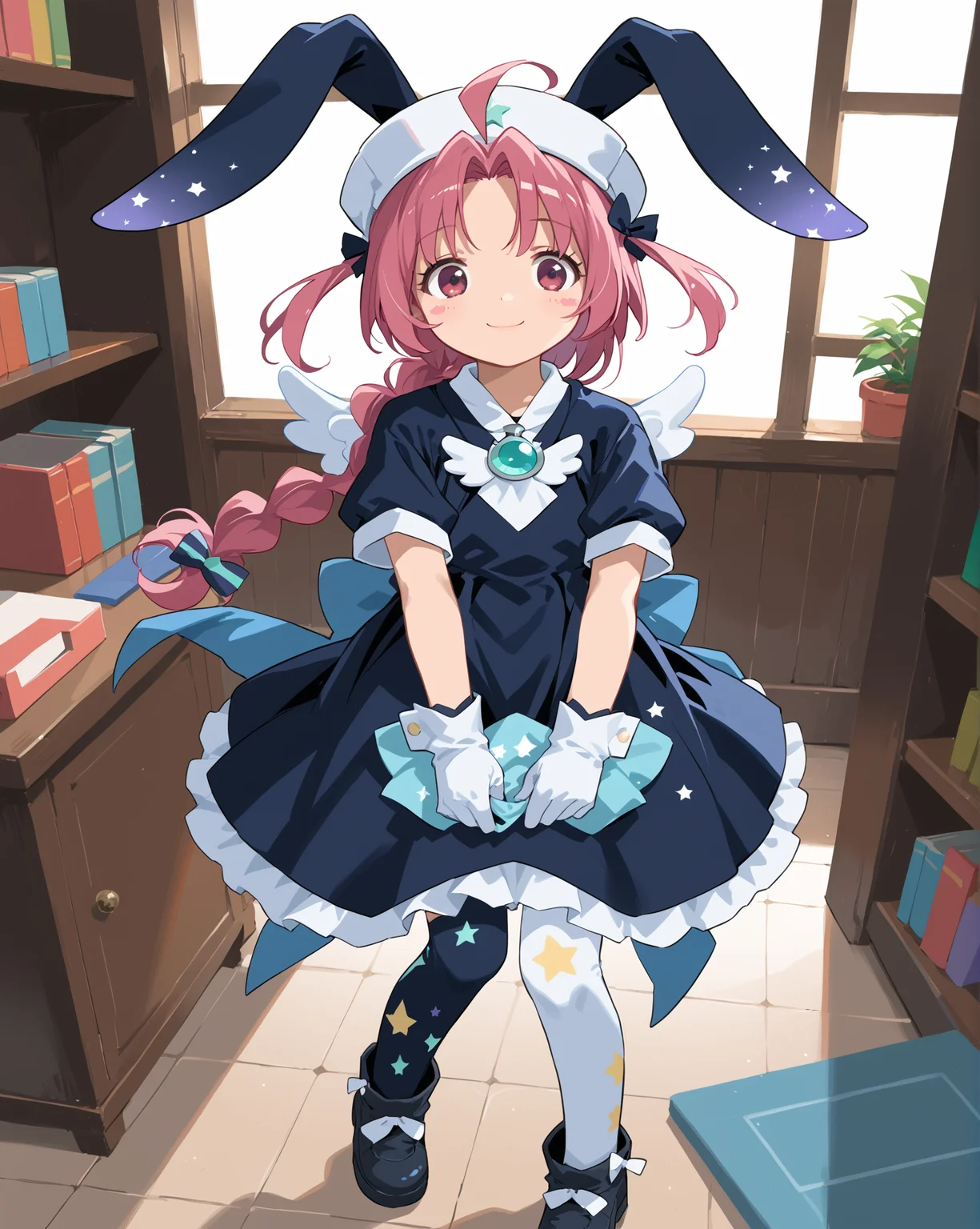PonyScores7, source_anime, ah1, 1girl, lips, bad-hands-5, <lora:xl_more_art-full_v1:0.2>, <lora:shinyskin2:0.2> glistening skin, <lora:aesthetic_anime_v1s:0.2>, <lora:Expressive_H:0.2> Expressiveh, <lora:hairdetailpxl:0.2> hairdetailpxl, <lora:EpicF4nta5yXL:0.2>, <lora:detailxl:0.2> detailxl, <lora:Fant5yP0ny:0.2>, best quality, amazing quality, best aesthetic, absurdres, <lora:expressive eyes:0.2> expressive eyes, <lora:eyedetailpxl:0.2> eyedetailpxl, illustration, Volumetric_Lighting, ultra-detailed, very aesthetic, intricate details, 8k, masterpiece, best_quality, (A cheeky smile with an exaggerated pout and a glimmer in the eye), (Eye-level angle view Close shot (focus on head)), (Celestial luminescent lake with glowing water and ethereal reflections), (a surprise proposal at a historic castle), <lora:Eyes_High_Definition:0.3> EyesHD, looking at viewer, Stable_Yogis_PDXL_Positives, AS-Adult, <lora:nakahara_komugi_pony_v1:0.8> nakahara_komugi, pink hair,hat, animal ears, braid, pink eyes, ahoge, long hair, rabbit ears, wings, star print, jewelry, star (symbol), dress, white gloves, stickers, zettai ryouiki, print thighhighs, winged footwear,