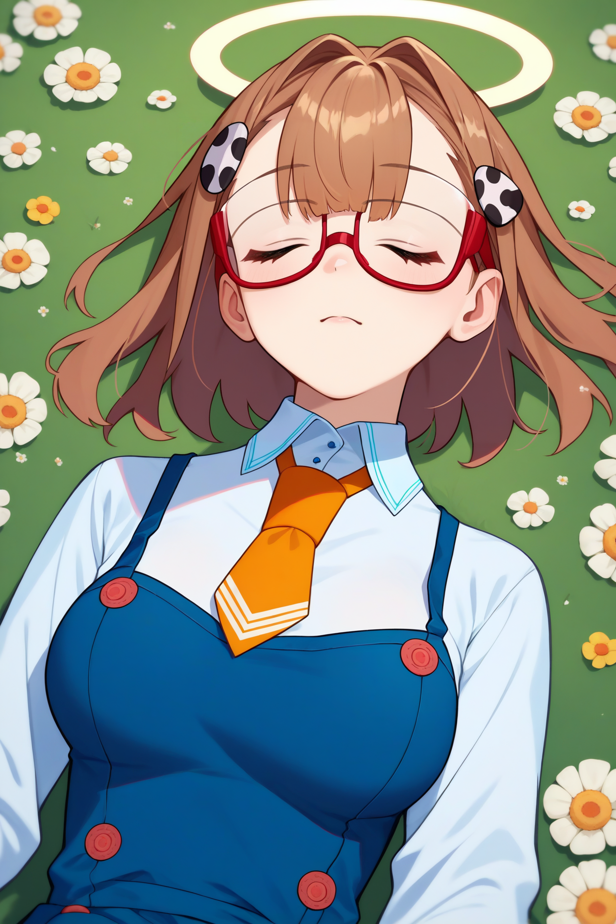score_9, score_8_up, score_7_up, score_6_up, source_anime, 1girl, solo,  <lora:hitomichris-pdxl-nvwls-v1-000005:1> hitomichris, brown hair, medium hair, hairclip, red glasses, white shirt, long sleeves, orange necktie, pinafore dress, blue dress, black socks, big breasts, lying on back, closed eyes, halo, flowers, flower patch, meadow, field