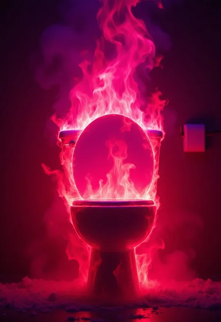 A realistic toilet, completely engulfed in flames, inferno, blazing, concept art, masterpiece, perfect lighting, purple and pink flames, realistic flames, 8k, absurdres, massive fire - rendered in the highest quality, realistic bathroom background, A3ther
