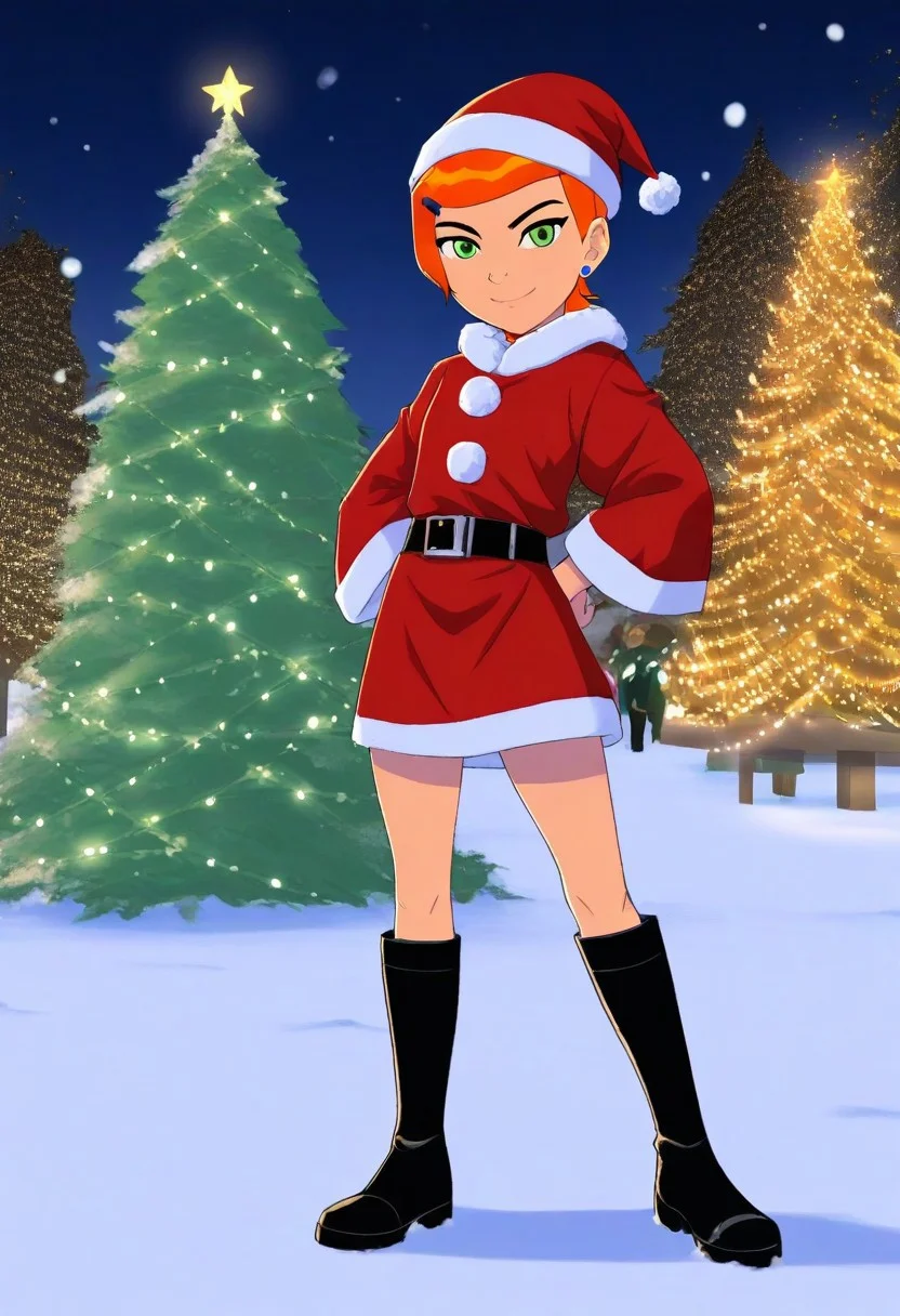 Score_9, score_8_up, masterpiece, best quality, high quality, Gwen_Tennyson, 1girl, solo, orange hair, short hair, green eyes, earrings, santa claus suit, skirt, blackbelt, santa claus hat, black boots, outdoors, snow, christmas tree, lights, <lora:GwenTennyson_Ben10_illustrious_Leaf1-000019:1>, looking at viewer, fullbody,