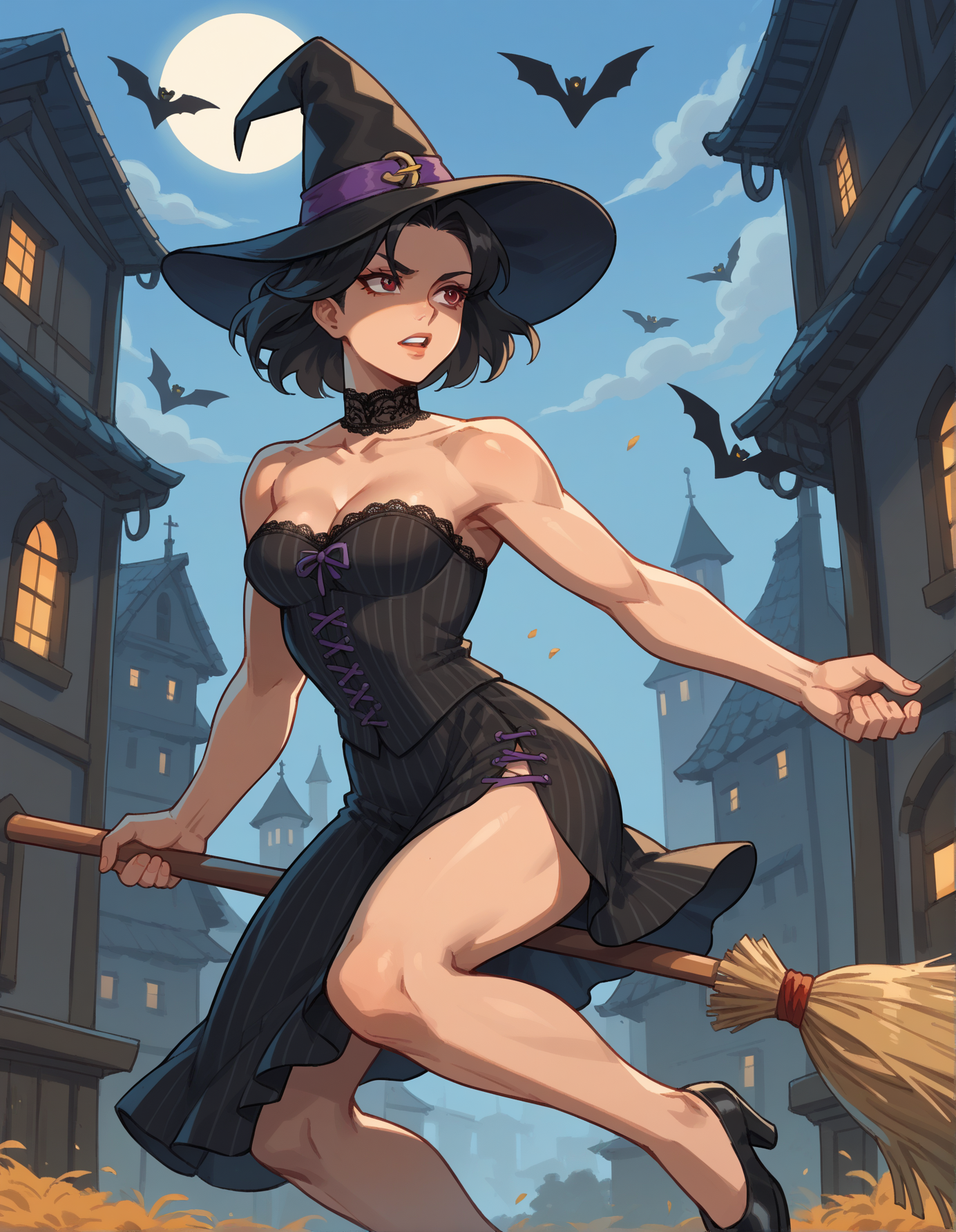Street Fighter style score_9, score_8_up, score_7_up, score_6_up, score_5_up, score_4_up, hud_br00m, 1girl, solo, broom, Burgundy and black striped full gown with a fitted corset, high neck lace collar, full skirt with lace hem, art by Luis Royo, broom riding, long black hair, witch hat, <lora:hud_br00m_XLP:0.8>, flying