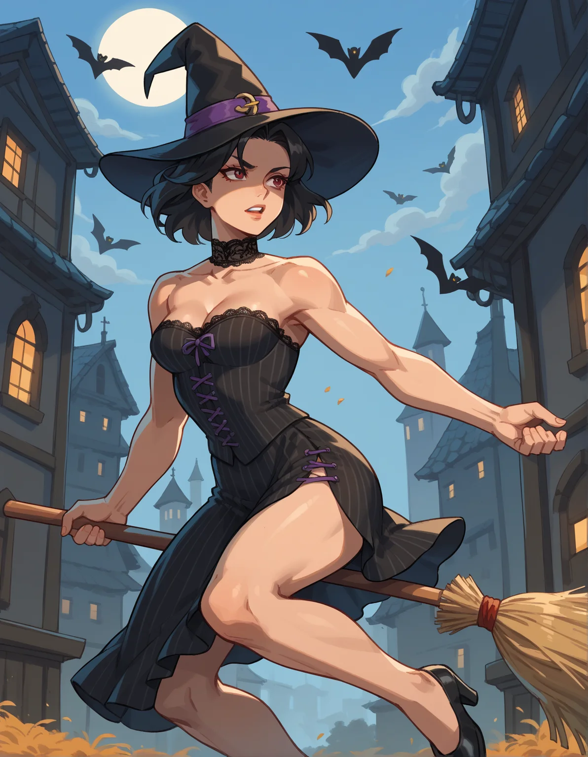 Street Fighter style score_9, score_8_up, score_7_up, score_6_up, score_5_up, score_4_up, hud_br00m, 1girl, solo, broom, Burgundy and black striped full gown with a fitted corset, high neck lace collar, full skirt with lace hem, art by Luis Royo, broom riding, long black hair, witch hat, <lora:hud_br00m_XLP:0.8>, flying