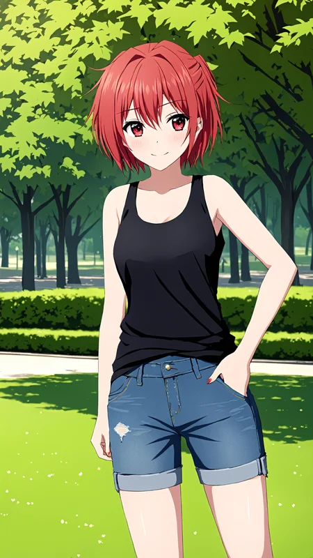masterpiece, best quality,
<lora:heroneverseenagain.sdxl.v2:0.95> heroneverseenagain
1girl,
red hair, short hair, messy hair, tomboy,
smile,
tank top,
jeans, shorts,
outdoor, park,grass, tree,