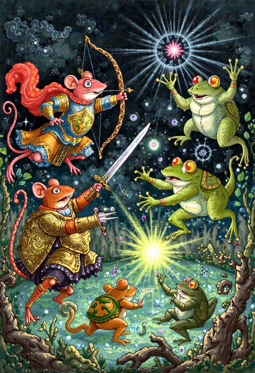 Clip L palech_styleIllustrate a fantastical battle scene between mice and frogs. The mice should be robust, armored fighters wielding bows and swords, while the frogs should be smaller and less well-armed, relying on magic and trickery to defeat their larger opponents. The setting could be a swampy battlefield under a murky sky, with vines and branches littering the ground. Show detailed animations of the mice's intricate armor designs and the frogs' magical spells, like flickering lights and floating objects. Use a muted color palette for the frogs and a brighter, more vibrant one for the mice to create contrast and excitement. The overall effect should be a whimsical yet tense clash of species, showcasing the ingenuity of both sides in the face of adversity. Illustration in the palech styleT5XXLpalech_styleIllustrate a fantastical battle scene between mice and frogs. The mice should be robust, armored fighters wielding bows and swords, while the frogs should be smaller and less well-armed, relying on magic and trickery to defeat their larger opponents. The setting could be a swampy battlefield under a murky sky, with vines and branches littering the ground. Show detailed animations of the mice's intricate armor designs and the frogs' magical spells, like flickering lights and floating objects. Use a muted color palette for the frogs and a brighter, more vibrant one for the mice to create contrast and excitement. The overall effect should be a whimsical yet tense clash of species, showcasing the ingenuity of both sides in the face of adversity. Illustration in the palech style