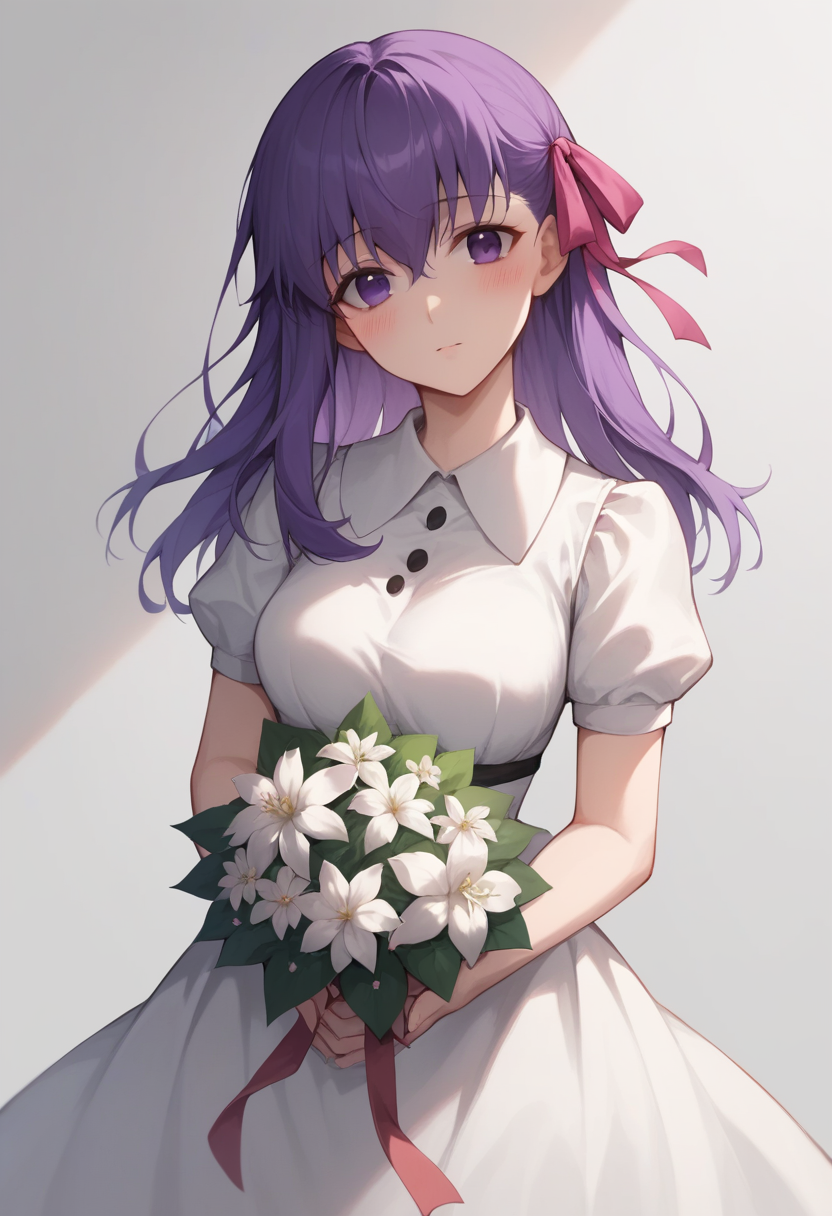 score_9,score_8_up,score_7_up,1,<lora:stay_night_all:1>,1girl, character: matou_sakura, solo, simple_background, holding, holding_bouquet, looking_at_viewer, blush, hair_between_eyes, purple_eyes, purple_hair, hair_ribbon, dress, white_dress, pink_ribbon, ribbon, absurdres, highres, bouquet, flower, head_tilt, leaf, white_flower, commentary_request