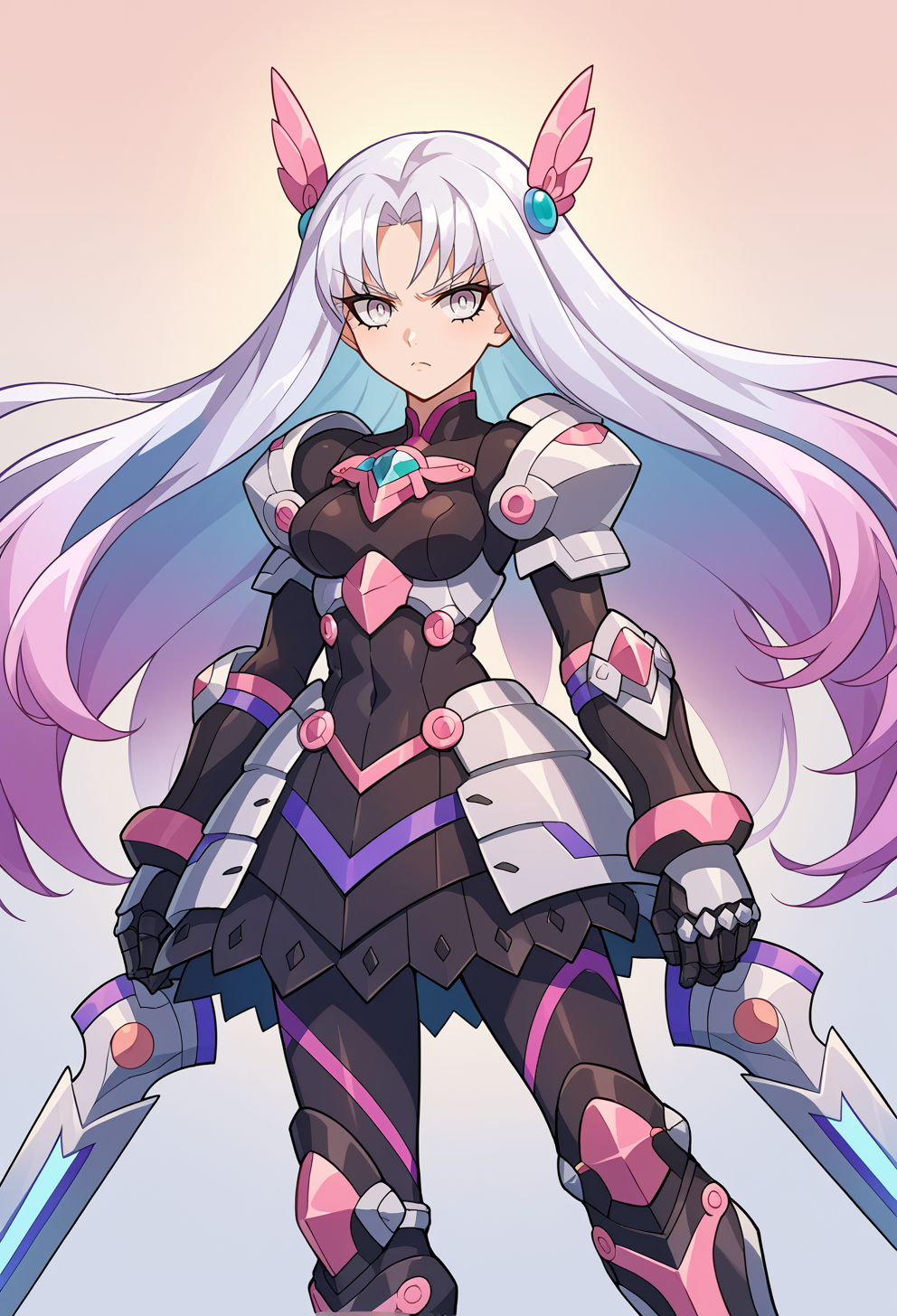 score_9, score_7_up, source_anime, BREAK   <lora:GunvoltMain:1> Azure Striker Gunvolt(Main),, serious, 1girl, white eyes, white hair, very long hair, parted hair, parted bangs, gradient hair, lilac hair, medium breasts, wing hair ornament, valkyrie, black bodysuit, armor, gauntlets, greaves, pink breastplate, grey armored skirt, armored dress, pink hues,