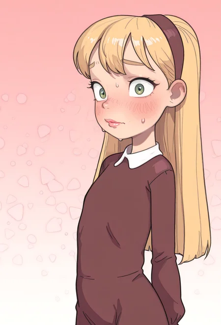 masterpiece, best quality, absurdres,
<lora:NatAyPapiIllustrious1.0JLFO:0.8> nat, hairband, blonde hair, long hair, green eyes,
<lora:PossumMachine-Illustrious:1> possmach,
1girl, lips, cute, looking at viewer, blush, nervous sweating, white collar, brown dress, long sleeves,
abstract background, gradient background,