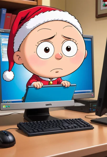 Stewie Griffin from the Family Guy, wearing Santa Hat, hacking on computer