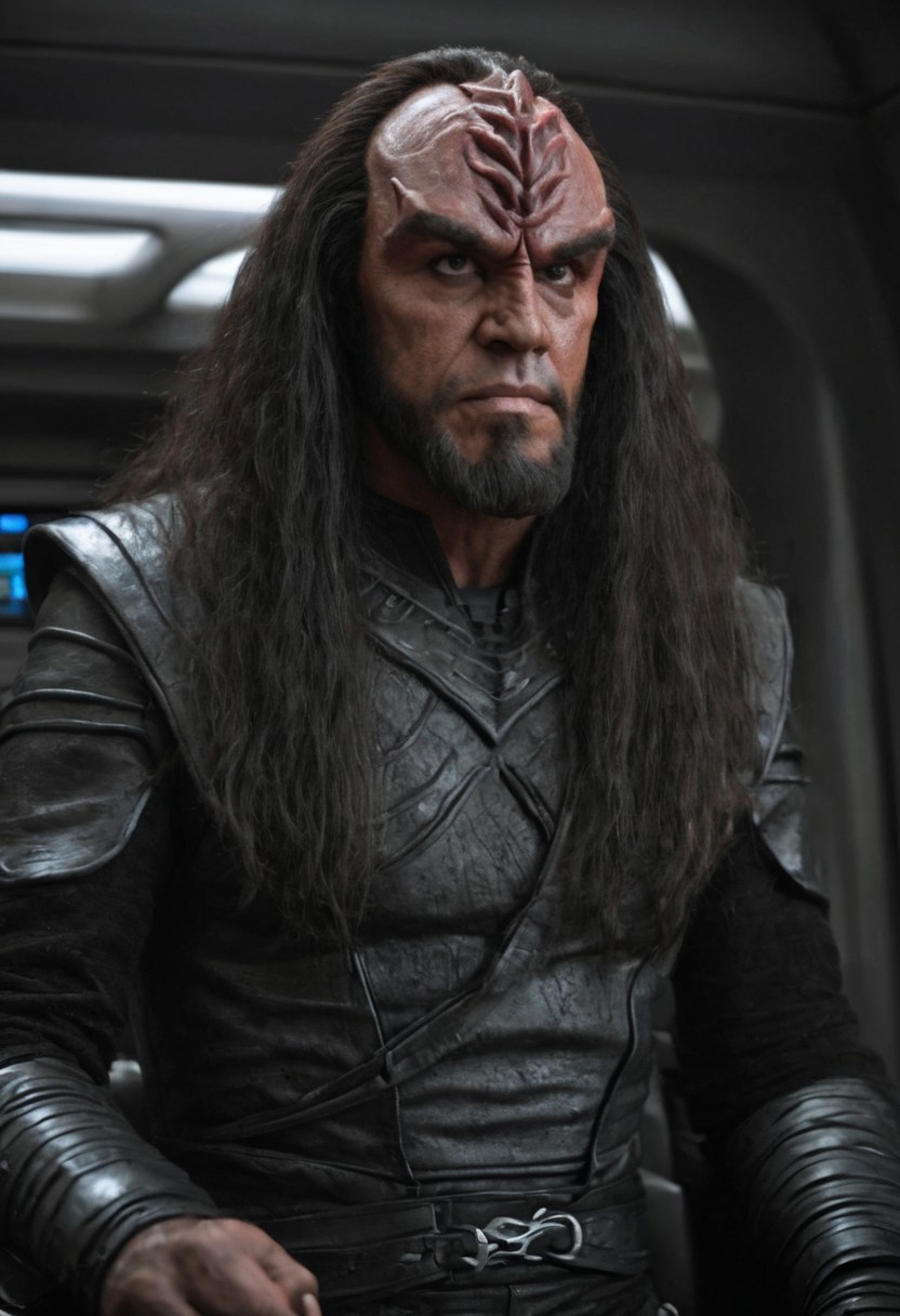 8k, hyper realistic, full shot, Klingon male, black leather uniform, large klingon forehead, on a spaceship, dark lighting, dark hair, mean expression, Detailed natural skin and blemishes without-makeup and acne, look.