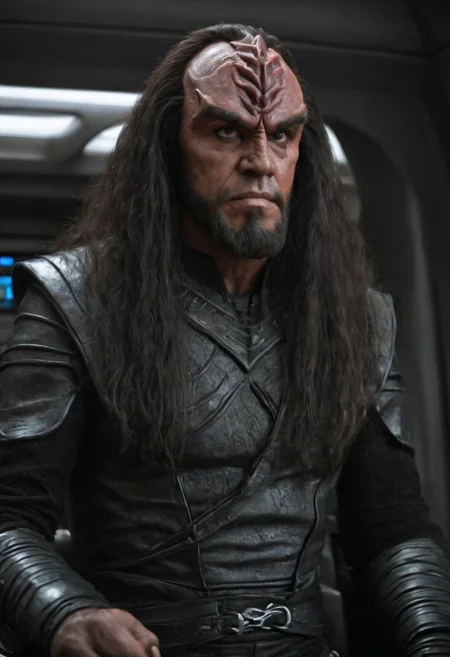 8k, hyper realistic, full shot, Klingon male, black leather uniform, large klingon forehead, on a spaceship, dark lighting, dark hair, mean expression, Detailed natural skin and blemishes without-makeup and acne, look.
