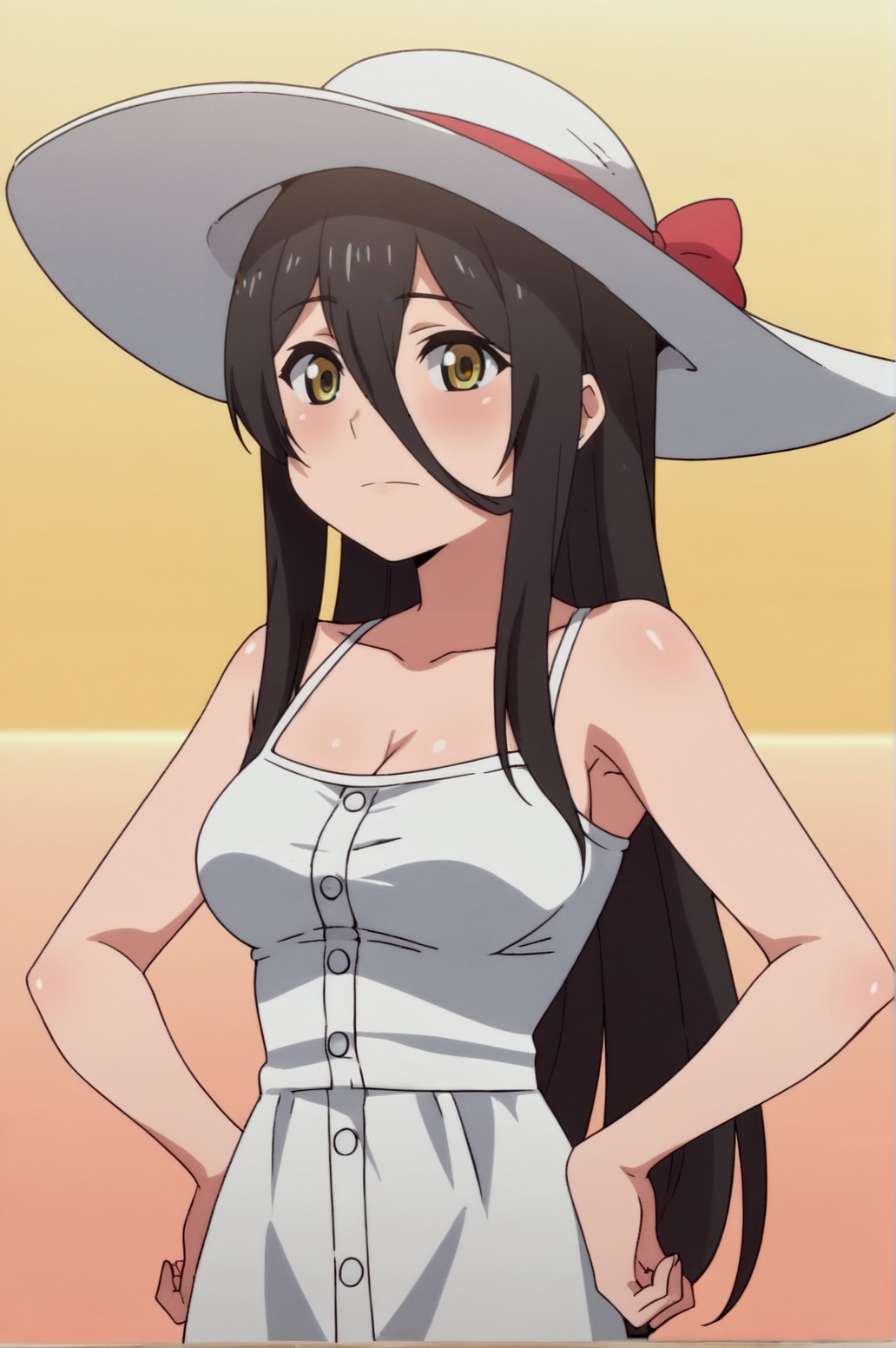 score_9, score_8_up, score_7_up,anime_source, source_anime, best background, detailed background, anime screencap,  Sadako, dress, hat, sun hat, sundress, upper body, white dress, white headwear, hands on hips, <lora:JN_Sadako:0.8>