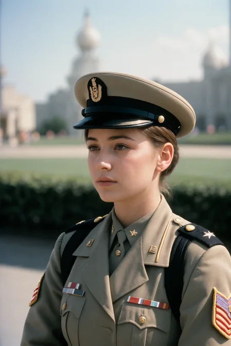 photograph, Inspired small Female, First Sergeant, background is [Amusement park|Palace], shallow depth of field, Movie still, broad lighting, film grain, Kodak portra 400, 800mm lens, caustics