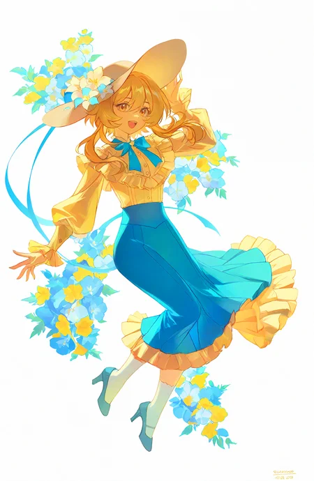 lumine_\(genshin_impact\), 1girl, solo, looking_at_viewer, smile, open_mouth, simple_background, shirt, skirt, blonde_hair, long_sleeves, white_background, hat, bow, full_body, yellow_eyes, flower, frills, alternate_costume, socks, bag, high_heels, blue_skirt, white_socks, blue_ribbon, puffy_long_sleeves, short_hair_with_long_locks, long_skirt, blue_footwear, sun_hat, hat_flower, hand_on_headwear