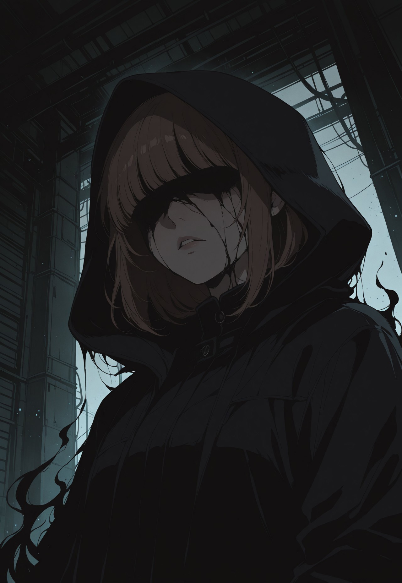 solo, ethereal, ultra-detailed, cinematic lighting, halfturned, particles, mesmerizing, portrait, (from below:0.7), 

industrial  background, dark, 
horror, 

black aura, black liquid, 
(no eyes:1.2), (shadowed face:1.1), anguished, 
from side, turned to viewer,  

1girl,  short brown hair, bangs,  black coat with hood on, (dark blue jeans, brown shoes:0.3),


masterpiece,best quality,amazing quality, detailed, 
