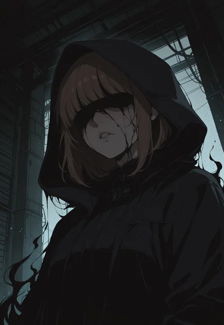 solo, ethereal, ultra-detailed, cinematic lighting, halfturned, particles, mesmerizing, portrait, (from below:0.7),
industrial background, dark,
horror,
black aura, black liquid,
(no eyes:1.2), (shadowed face:1.1), anguished,
from side, turned to viewer,
1girl, short brown hair, bangs, black coat with hood on, (dark blue jeans, brown shoes:0.3),
masterpiece,best quality,amazing quality, detailed,