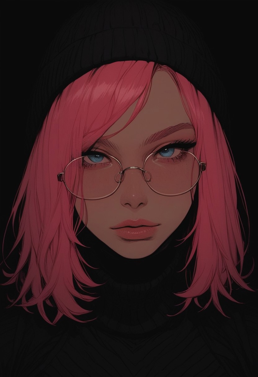 score_9, score_8_up, score_7_up, high detailed, high quality, masterpiece, no text, quality highlights, 8k detail, detailed background, source_anime, dynamic view, hentai, ultra-detailed,
a cute woman, pink hair bob, wearing skin tight black turtle neck and a beanie, thin-rimmed round glasses, front view, (hi-top fade), (dark theme:0.9), soothing tones, muted colors, high contrast, (natural skin texture, hyperrealism, soft light, sharp), close up